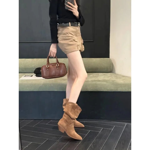 Sonicelife 2025  New Western Boots Flock Falt Mid Heels Black Brown Winter Short Boots Woman Chelsea Boots