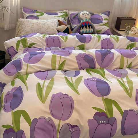 Sonicelife Tulips Duvet Cover Set with Flat Sheet Pillowcases Fashion Twin Double Queen Size Bed Linen Soft Boys Girls Bedding Kit