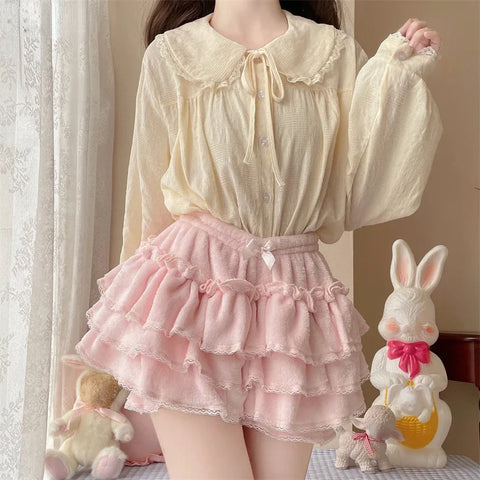 Sonicelife Harajuku Sweet Lolita Short Skirts Autumn Winter Plush Bloomers Y2k Japanese Kawaii Knickers Women Lace Bow Safety Short Pant