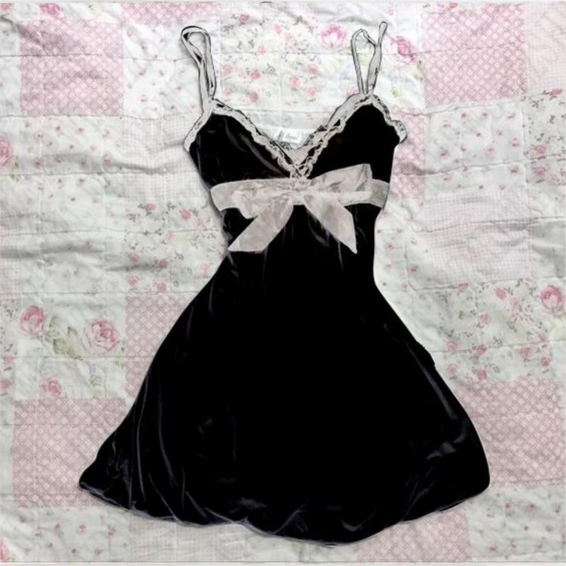Sonicelife Solid color bow decoration dress fashion lace edge casual Y2K top emotional girl urban beauty chic slim sweet street women dress