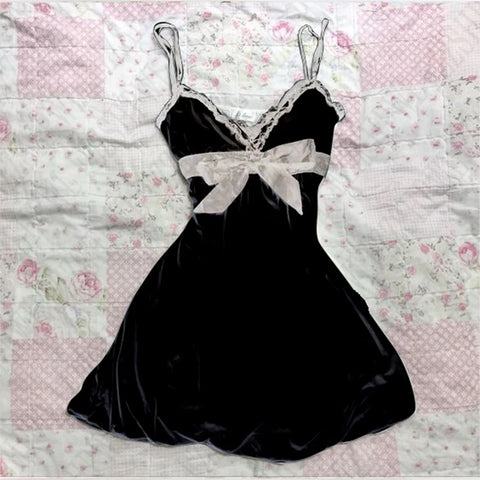 Sonicelife Solid color bow decoration dress fashion lace edge casual Y2K top emotional girl urban beauty chic slim sweet street women dress