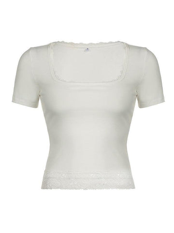 Sonicelife-Lace Trim Splice Square Neck Crop Short Sleeve Tee