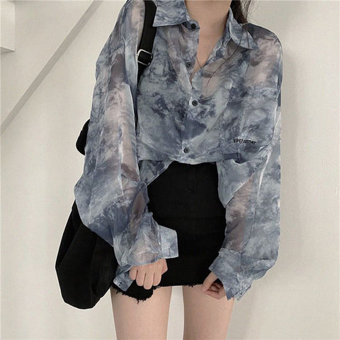 Sonicelife Vintage Shirt Women Harajuku Tie Dye Print Korean Loose Casual Chiffon Blouse Autumn Holiday Transparent Gothic Hippie Top