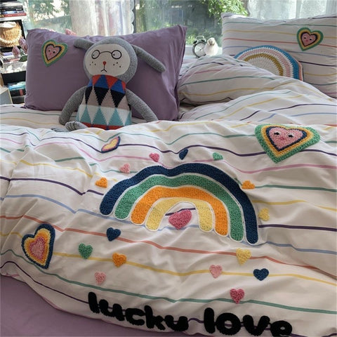 Sonicelife Korean Ins Dopamine Rainbow Embroidered Washed Cotton Bedding set Duvet Cover Home Luxury No Filling Bedding Set Bed Sheets
