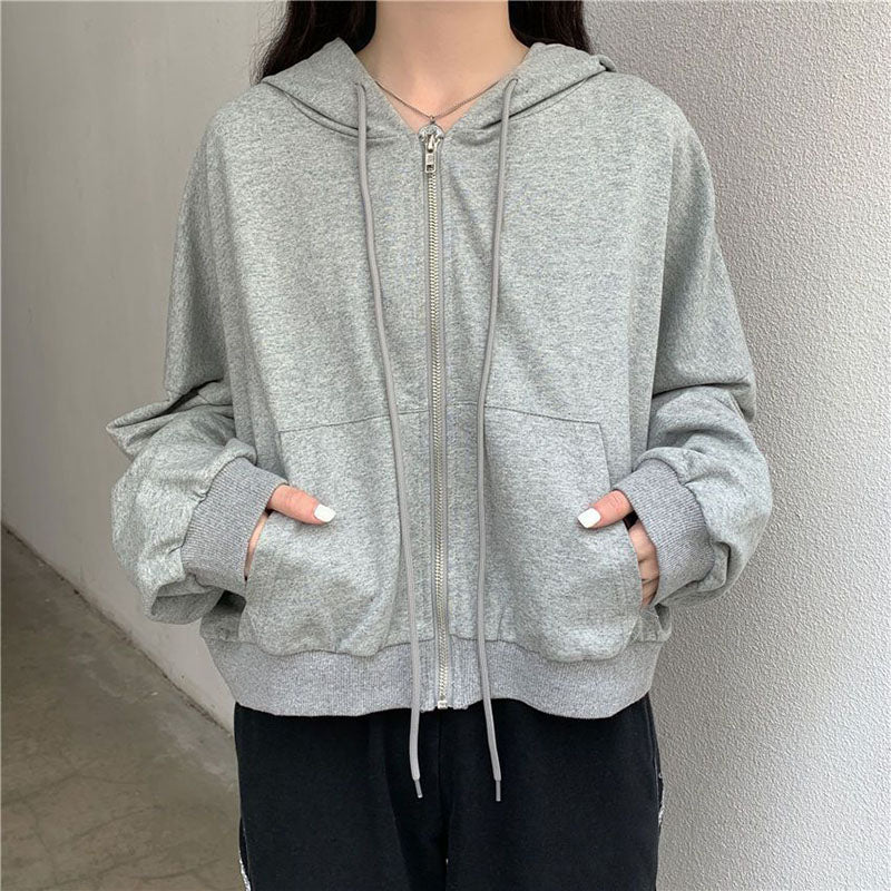 Sonicelife Casual Loose Streetwear Hoodies Women Long Sleeve Pockets Korean Short Sweatshirts Fall Vintage Solid Female Simple Tops