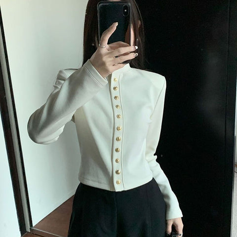 Sonicelife Black Sweet Women Crop Cardigan Korean Fashion Slim Long Sleeve Button Tops Autumn New Casual All Match Female White Blouse Top