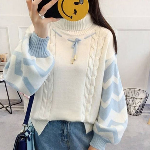 Black Friday Sonicelife Twisted Turtleneck Pullover Sweater Women Lantern Sleeves Striped Pactchwork Fall Winter Warm Knitted Sweater Casual Lazy Tops