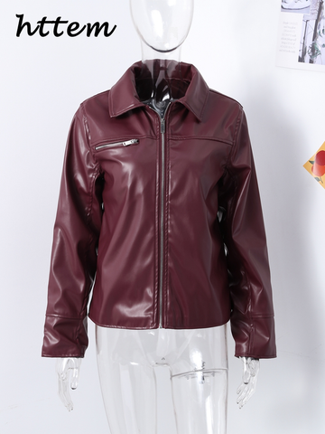 Sonicelife Street Women's Red Wine Leather Jacket Loose Lapel Zipper Long Sleeve Pockets Female Coat 2024 Autumn Lady Vintage Solid Outwear