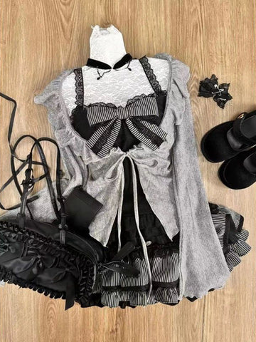 Sonicelife Sweet Lolita Lace Up Ruffles Cardigan Sexy Slim Fit Strapless Tanks High Waist Folds Skirts Early Spring Women Three Piece Sets