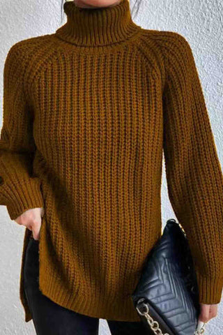 Sonicelife Raglan Sleeve Turtleneck Slit Mid-Length Sweater