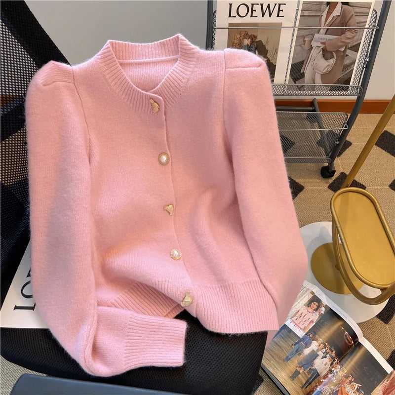 Black Friday Sonicelife Sweet Knit Sweater Women Puff Sleeve Gentle Soft Pink Chic Button Top Elegant Gold Single -Breasted Pretty Style Cardigan