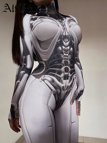 Sonicelife Cyberpunk Cosplay Bodycon Jumpsuit Women Streetwear Y2k Mall Gothic 3D Printed Long Sleeve Playsuits Emo Anime Clothes