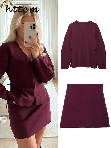 Sonicelife Elegant Knitted Cardigan Mini Skirt Sets Women Wine Red V Neck Long Sleeve Cardigans A-line Skirts 2024 Autumn Lady Knit Outfits