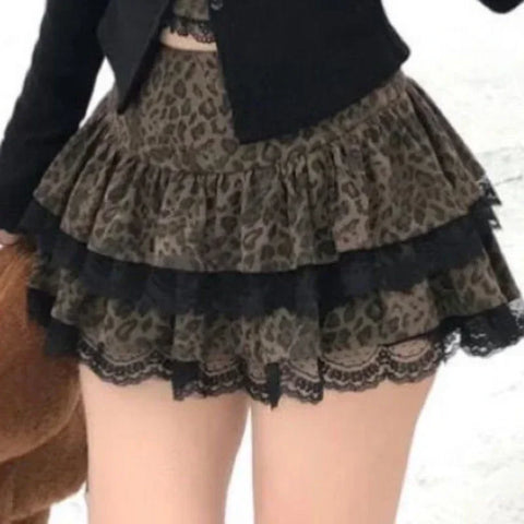 Sonicelife Autumn Winter Vintage Leopard Print Women Outfits Sexy Bow Fake Two Piece Tops + Lace Mini Cake Skirt 2 Piece Set Y2k Clothjing