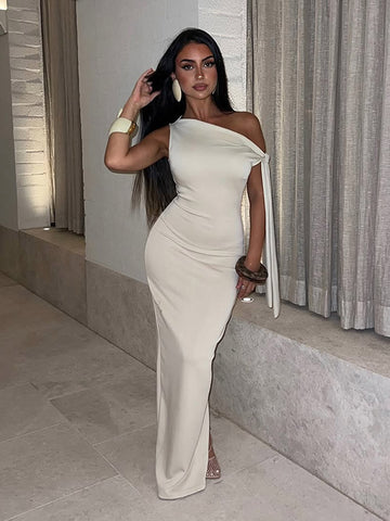 Sonicelife Irregular Off Shoulder Solid Color Vestidos Women Elegant Lace Up Slim Fit Maxi Dresses New Summer Lady Evening Party Robes Gown