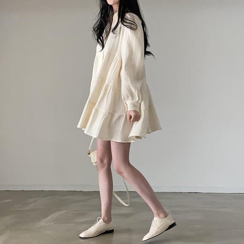 Sonicelife Korean Chic Long Sleeve Dress Women Loose Turn Down Collar Folds Simple Dress Fashion All Match Sweet Autumn Solid Vestidos