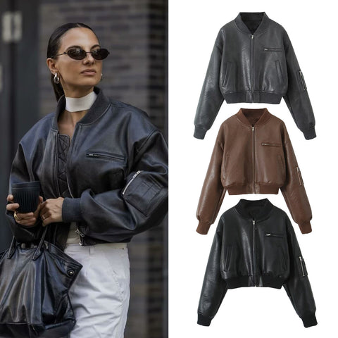 christmas outfit Sonicelife Short Leather Women's Jacket Casual Vintage O-neck Women Coat Loose Long Sleeve Women Jackets New Fashion Autumn Female Coats