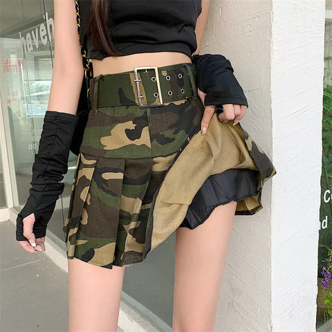 Sonicelife Summer Women Pink Camouflage Pleated Skirts Dance Girls School High Waist Belt Camo Pleated Skirts Cosplay  A Line Mini Skirts