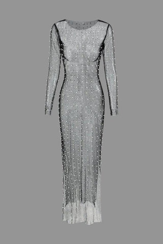 Sonicelife-Sheer Mesh Pearl & Rhinestone Decor Maxi Dress