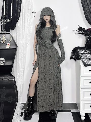 Sonicelife Desert Punk Midi Dress Women Mall Goth Streetwear Harajuku Y2k E-girl Cyber Hooded Dress Vintage Hipster Casual Dress