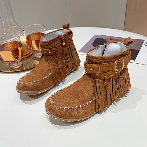 Sonicelife Vintage Women Boots Suede Ankle Boots Fringe Women Shoes Winter Boots Women Side Zipper Casual Shoes Round Toe Ladies Snow Boot