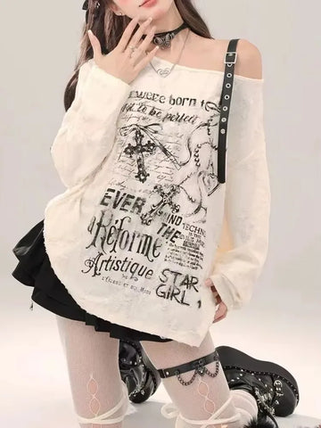Sonicelife Women Y2k Gothic Grunge Dark Hollow Out T Shirt Spring Harajuku Hollow Out Off Shoulder Sexy Tees Autumn Punk Letter Print Tops