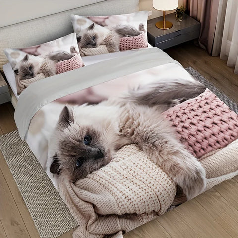 Sonicelife 3pcs Lazy Cat Animal Duvet Cover Set Soft Comfortable And Breathable HD Printing Bedding For Home Dorm