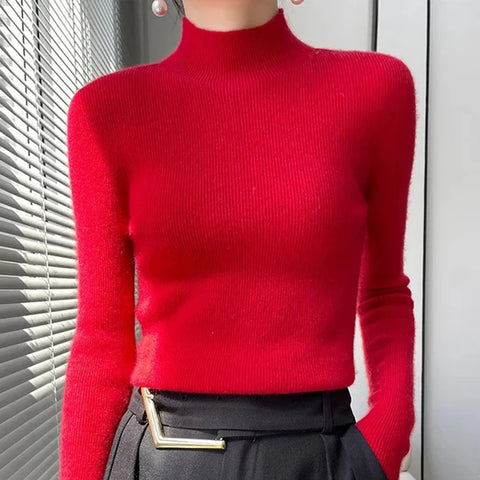 Sonicelife Solid Sweater Women Half Turtleneck Knitted Pullovers Harajuku Korean Thick Knitwear Autumn Winter Fashion Slim Jumpers