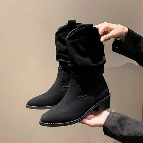 Sonicelife Suede pleated autumn thick heel plus medium heel long leg fashion boots 2025  retro but knee pile boots for women