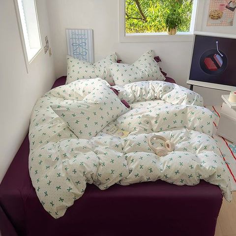 Sonicelife Ins Korean Style Duvet Cover Set Quilt Set Bow Dot Bed Sheet Set For Girls Bedding Set For Bedroom