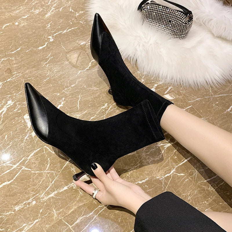 Sonicelife Socks Boots Women Stretch Fabric Elastic Stilettos Heel Sexy Pointed Toe Ankle Boots Slip-On Shoes Woman Thin Heels Party Boots