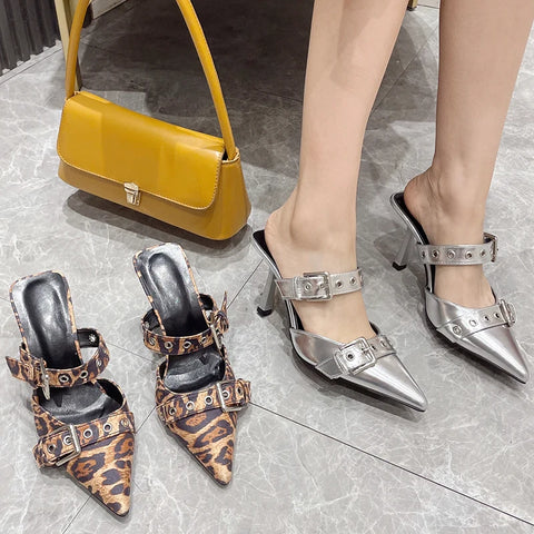 Sonicelife Silvery Female Pumps Luxury Leopard Footwear Ladies High Heels Slides Shoes Sandals Fashion  Thin  Slippers  2025