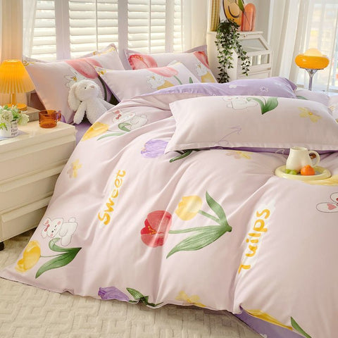 Sonicelife Ins Pink Flowers Bedding Set Flat Bed Sheet Pillowcase Twin Full Queen Size Nordic Bed Linen Women Girls Floral Duvet Cover Set