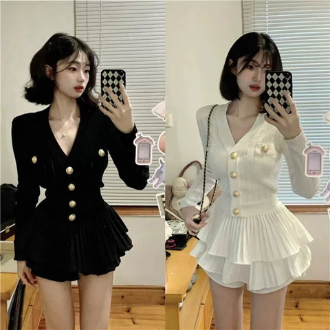 Sonicelife 2025 Spring Korea Fashion Knitted Suit Black Slim 2 Piece Skirt Set Casual Elegant Sweater + Women Outwear Casual Y2k Mini Skirt