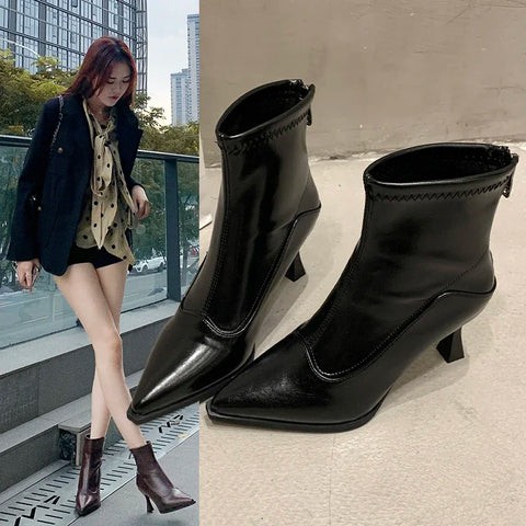 Sonicelife 2025  Women Slim Ankle Boots Fashion Elegant Pointed Toe Soft Leather Shoes Thin High Heel Autumn Winter  Morder Short Booties