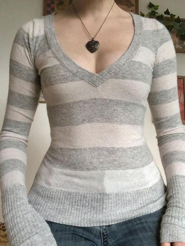 Sonicelife-Long Sleeve V-Neck Striped Slim-Fit Sweater