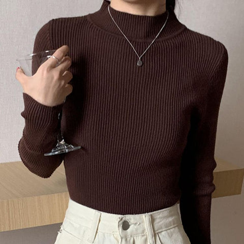 Sonicelife Mock Neck Women Sweater Vintage Basic Solid Knitted Tops Casual Slim Pullover Autumn Winter Korean Tops Simple Chic Jumpers