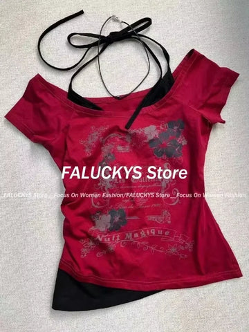 Sonicelife 2025 Summer Sexy One Shoulder Design Y2k Vintage T-Shirts Women Streetwear 2000s Casual Print Tees Korean Fashion Punk Crop Tops