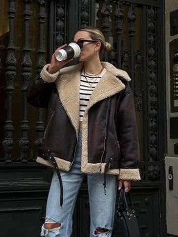 christmas outfit Sonicelife Fashion Winter Warm Faux Fur Jacket Women Long Sleeve Moto Biker Zipper Jackets Coat Female Autumn Casual Lapel coat