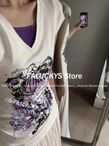 Sonicelife Aesthetic Vintage Slim V Neck T Shirts Women High Street Y2k Print Patchwork Lace Up Tops Female Hot Chick Short Sleeve Top New