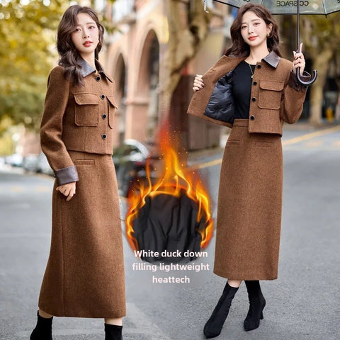 thanksgiving outfit Sonicelife Fashionable Casual Suit Autumn/Winter New PU Leather Patchwork Tweed Style Down Jacket Half Skirt 2-Piece Set Skirt YJ6816