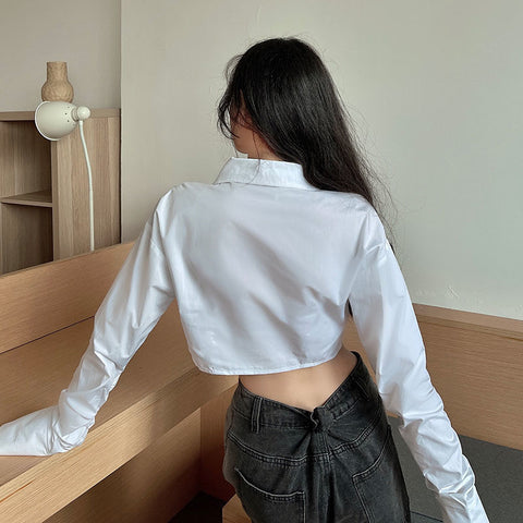 Sonicelife Slim Cropped White Shirt Women Long Sleeve Sexy Chic Double Zippers Blouse Fall Female Long Sleeve Hip Hop Streetwear Tops