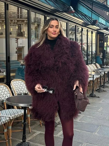 christmas outfit Sonicelife Women's Fashion Wine Red Furry Faux Fur Warm Coat 2024 New Thicken Fluffy Plush Loose Trendy Jacket Winter Chic Lady Outerwear