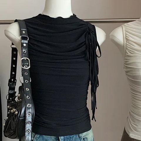 Sonicelife Streetwear Folds Tank Tops Women Lace Up Sleeveless T Shirts Korean Fashion Chic Summer Mesh Slim Tops Casual Tanks Y2K New