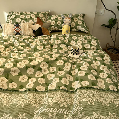 Sonicelife Christmas Bedding Set Flat Sheet Duvet Cover Pillowcase Combination Green Tree Flower Home Textile Bed Linen Fashion