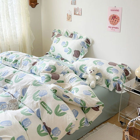 Sonicelife Ins Korean Style Duvet Cover Set with Flat Sheet Pillowcase No filler Washed Cotton Queen Full Twin Cute Floral Bedding Set