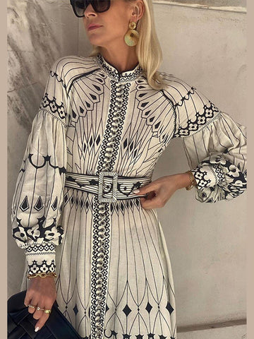 Sonicelife 3D Geometric Print Bohemian Dresses for Women Stand Striped Lantern Sleeve with Sashes Wave Cut Female Elegant Long Dress Autumn