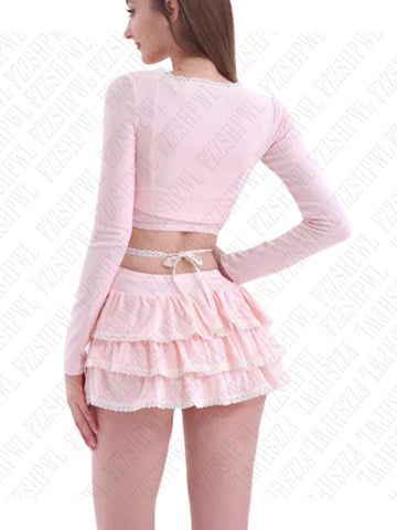 Sonicelife Sweet Pink suit Aesthetic Cute Bow Sexy lace Long Sleeve Crop Tops Harajuku Emo Girls Y2K Mini Skirt Fashion women's Streetwear