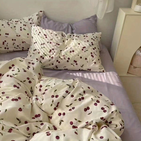 Sonicelife Ins Cherry Bedding Set Twin Full Queen King Size Purple Bed Linen Girls Adults Bed Flat Sheet Pillowcase Comforter Duvet Cover