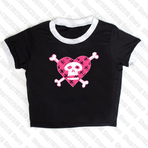 Sonicelife Y2K clothes skull graphic grunge baby tee Crop Top 2000s Streetwear Harajuku Goth Short Sleeve T-shirt Skeleton print clothes